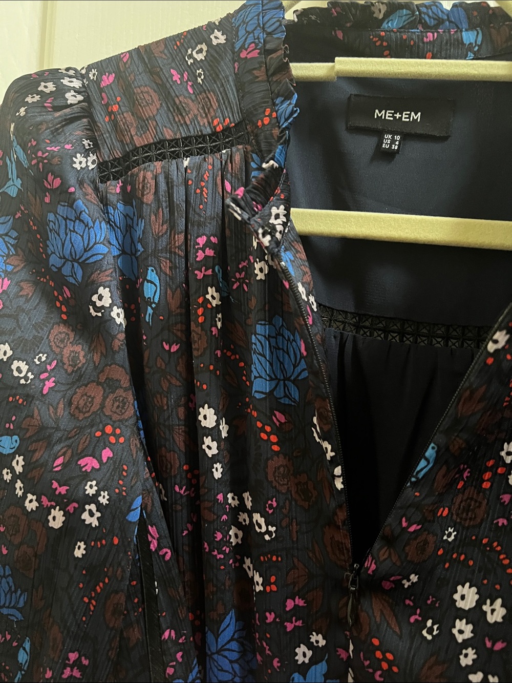 ME+EM floral Print blue hummingbird Ruched Sleeve belted Maxi Dress Size 6 - Picture 5 of 7